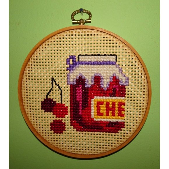 Vintage Needlepoint Hoop Art Cherries on Woven Rattan wood frame farmhouse decor - Picture 4 of 11